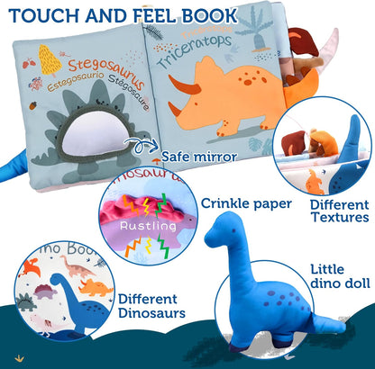 Baby Books Toys 0-6-12 Months, Baby Boy Gifts,Touch and Feel Crinkle Books with Dino Doll, Newborn Infant Toys 6-9-12 Months, Carseat Toys Teething Toys Christmas Stocking Stuffers for Babies