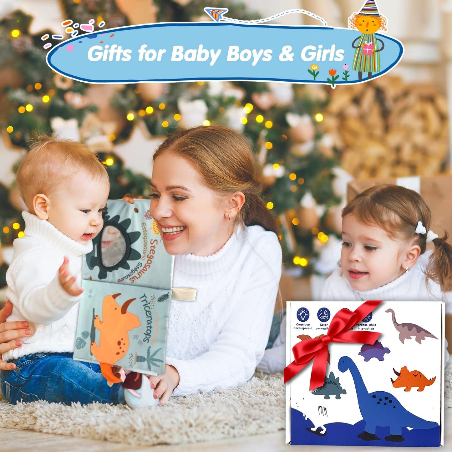 Baby Books Toys 0-6-12 Months, Baby Boy Gifts,Touch and Feel Crinkle Books with Dino Doll, Newborn Infant Toys 6-9-12 Months, Carseat Toys Teething Toys Christmas Stocking Stuffers for Babies