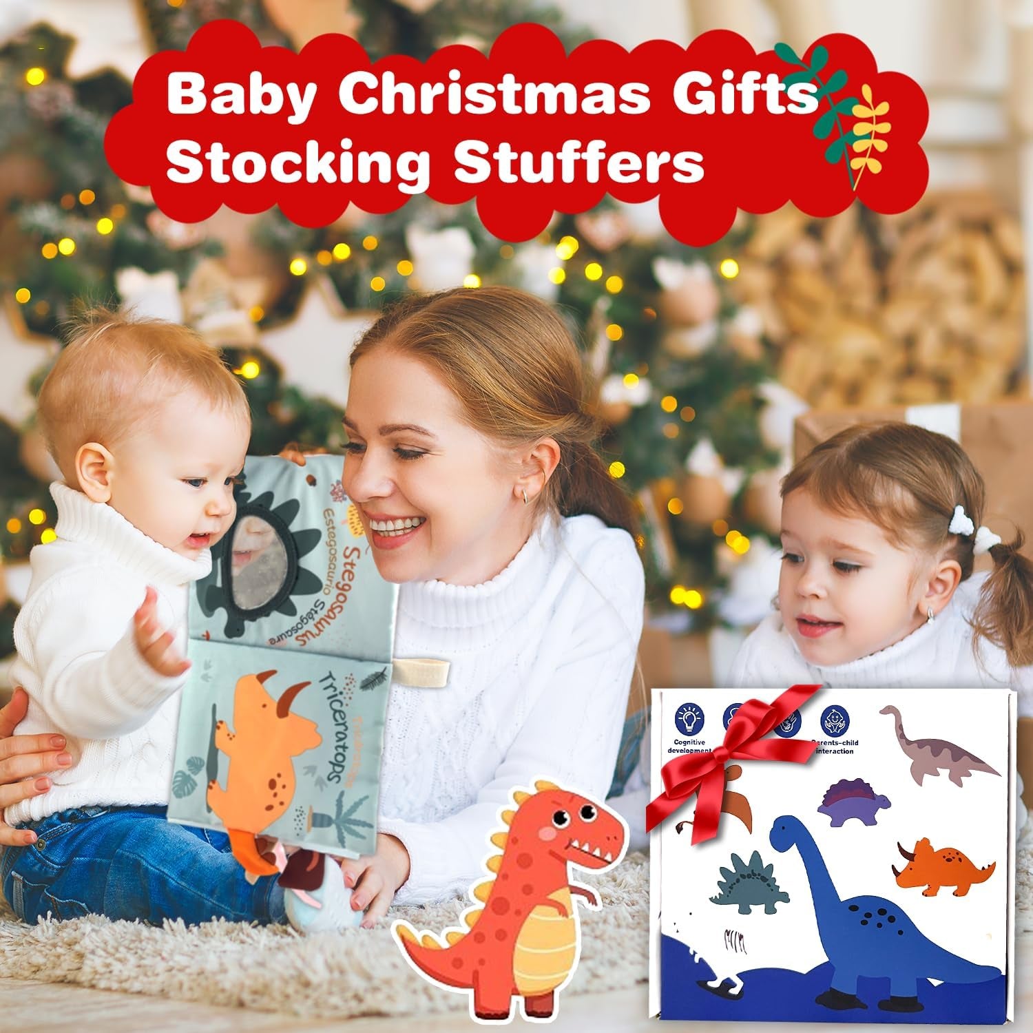 Baby Books Toys 0-6-12 Months, Baby Boy Gifts,Touch and Feel Crinkle Books with Dino Doll, Newborn Infant Toys 6-9-12 Months, Carseat Toys Teething Toys Christmas Stocking Stuffers for Babies