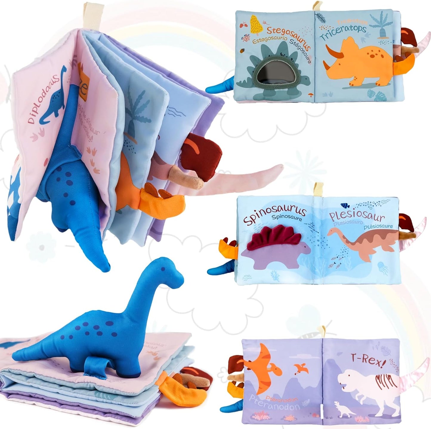 Baby Books Toys 0-6-12 Months, Baby Boy Gifts,Touch and Feel Crinkle Books with Dino Doll, Newborn Infant Toys 6-9-12 Months, Carseat Toys Teething Toys Christmas Stocking Stuffers for Babies