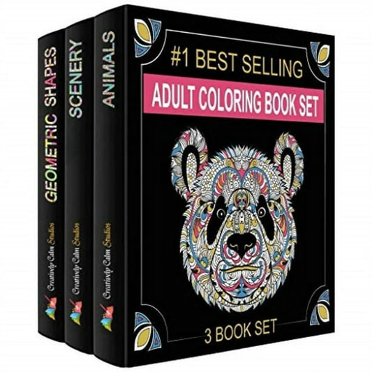 Adult Coloring Book Collection - 3 Distinctive Books Featuring 120 Unique Designs of Animals, Scenery, and Mandalas for Relaxation and Mindfulness.