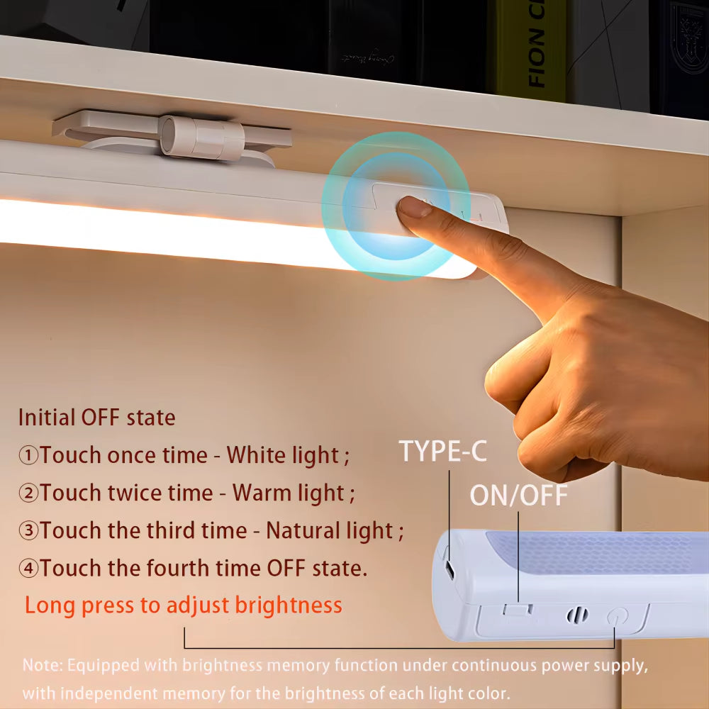 Magnetic LED Desk Lamp with Stepless Dimming and USB Rechargeable Night Light for Cabinets and Closets